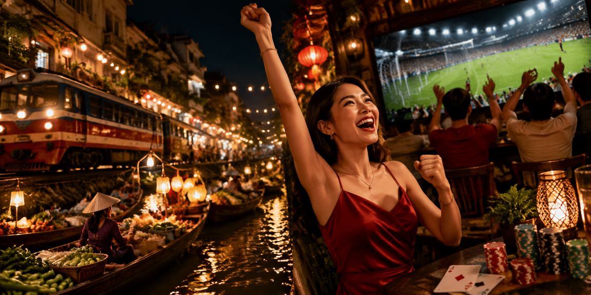 Sảnh casino neon rực rỡ tại Hà Nội về đêm