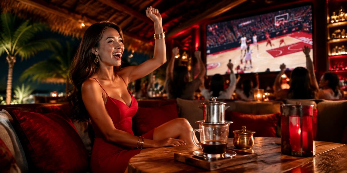 Khung cảnh Phú Quốc mùa hè – người dùng theo dõi bóng rổ và kích hoạt voucher cuối tuần